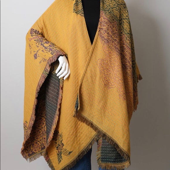 Mustard Floral Medallion Paisley Ruana Boho Wrap - Picture 5 of 5